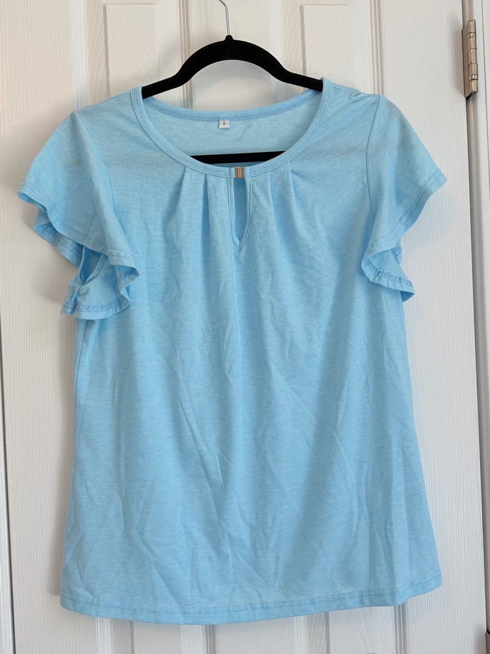 Amazon Light Blue Ruffle Sleeve Women's Top with Gold Accent